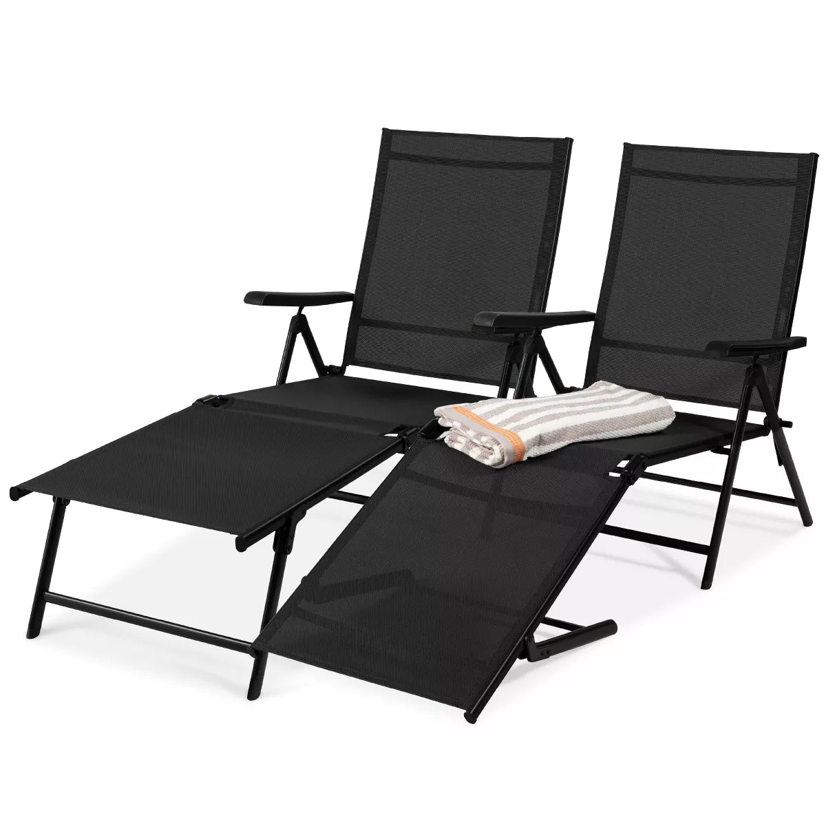 Set of 2 Adjustable Outdoor Patio Chaise Lounge Chairs with Folding Steel Frame