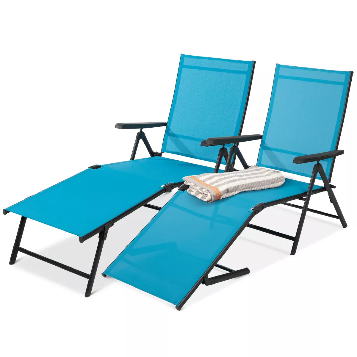 Set of 2 Adjustable Outdoor Patio Chaise Lounge Chairs with Folding Steel Frame