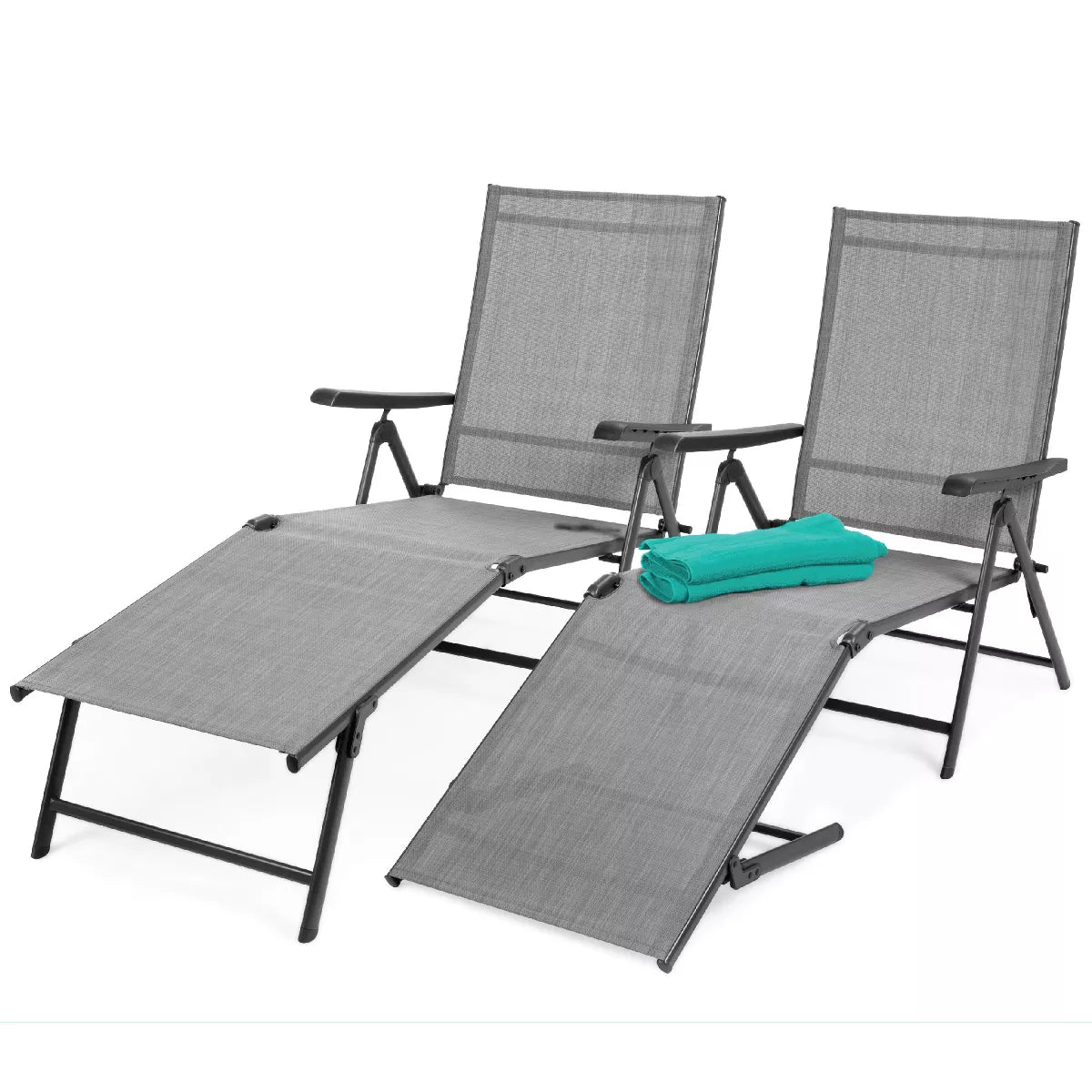 Set of 2 Adjustable Outdoor Patio Chaise Lounge Chairs with Folding Steel Frame