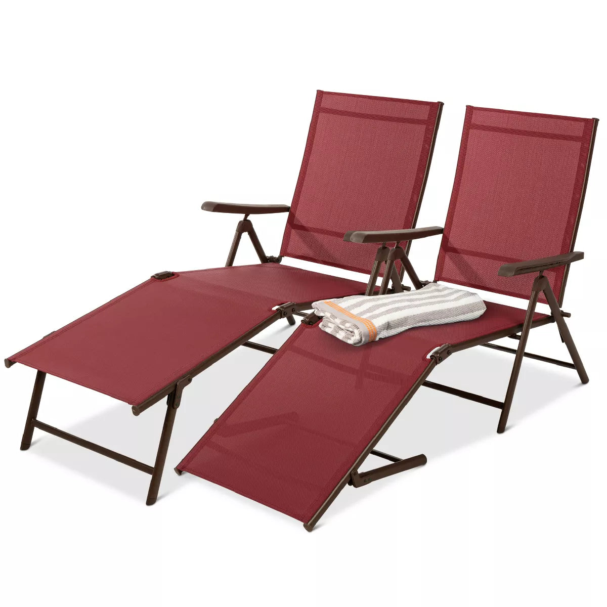 Set of 2 Adjustable Outdoor Patio Chaise Lounge Chairs with Folding Steel Frame