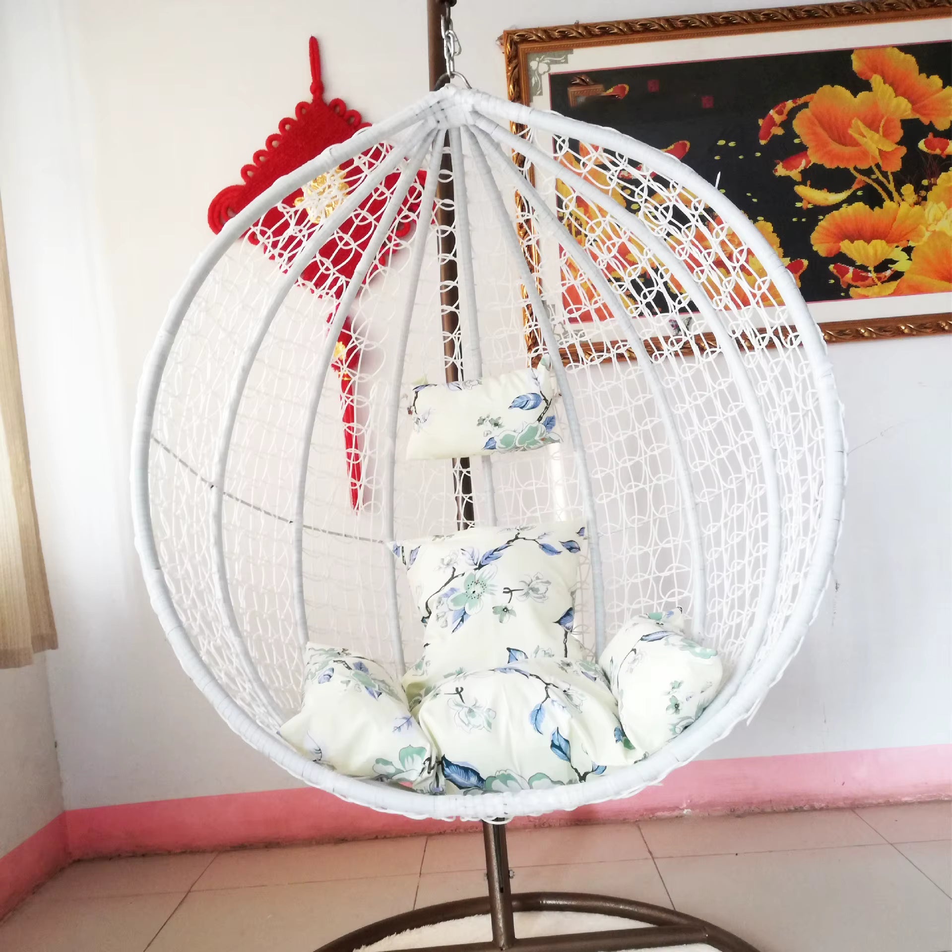 Indoor & Outdoor Rattan Hanging Egg Chair with Cushion and Sturdy Metal Stand – Modern Swing Chair for Patio, Garden, or Living Room