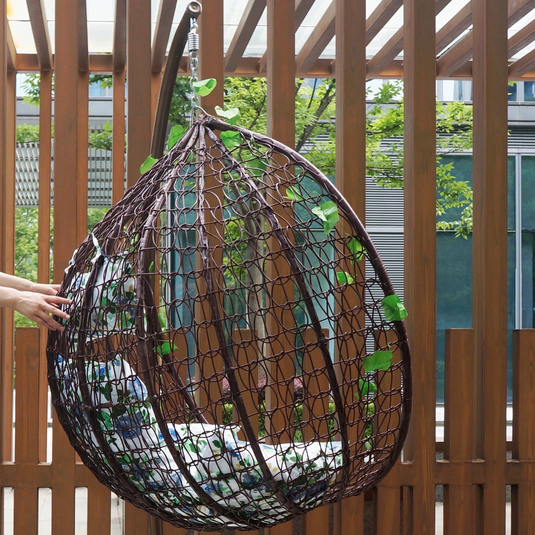 Indoor & Outdoor Rattan Hanging Egg Chair with Cushion and Sturdy Metal Stand – Modern Swing Chair for Patio, Garden, or Living Room