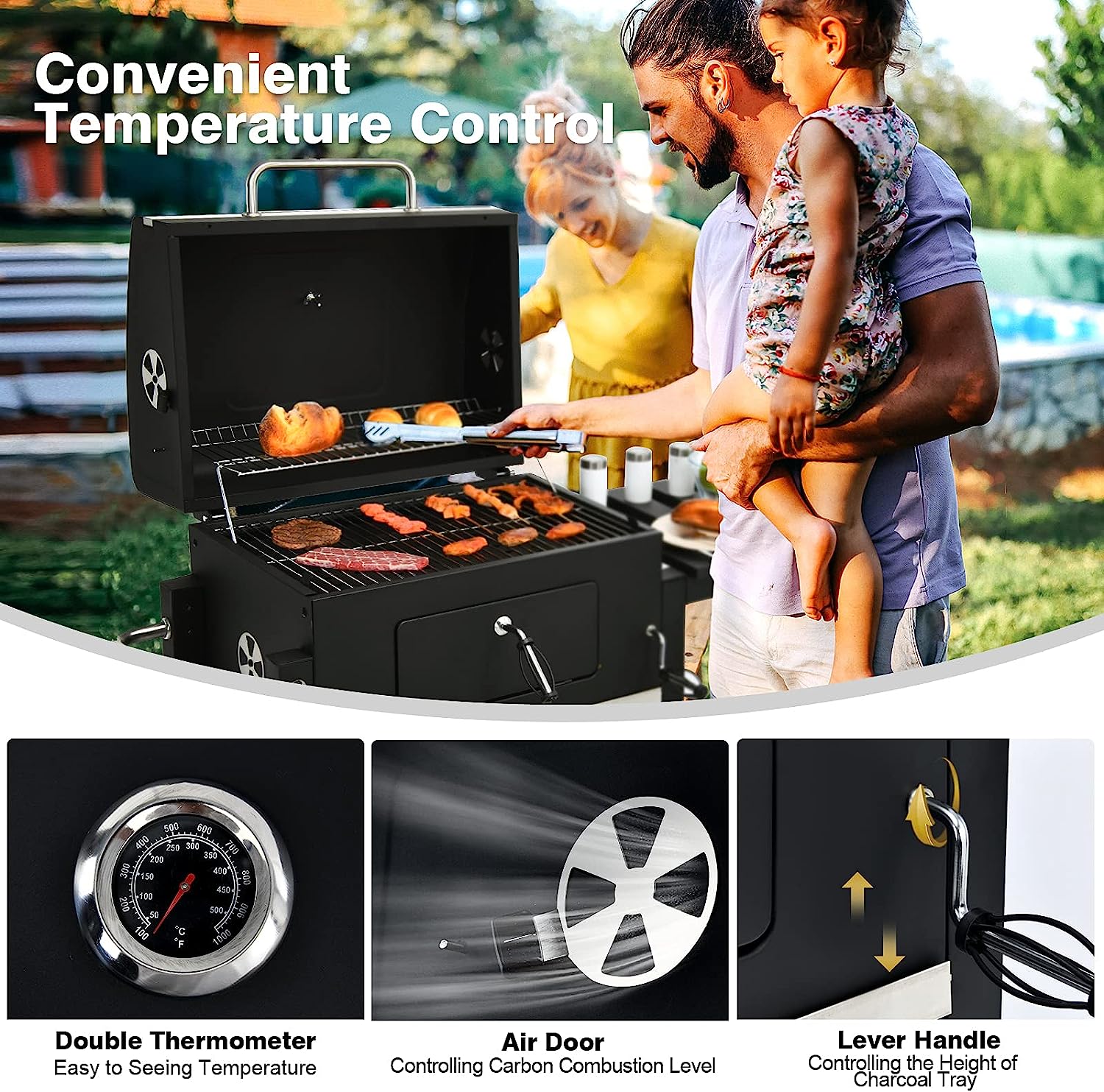 Garden Heavy Duty Offset Smoker Charcoal BBQ Grill with Chimney – Outdoor Trolley Design
