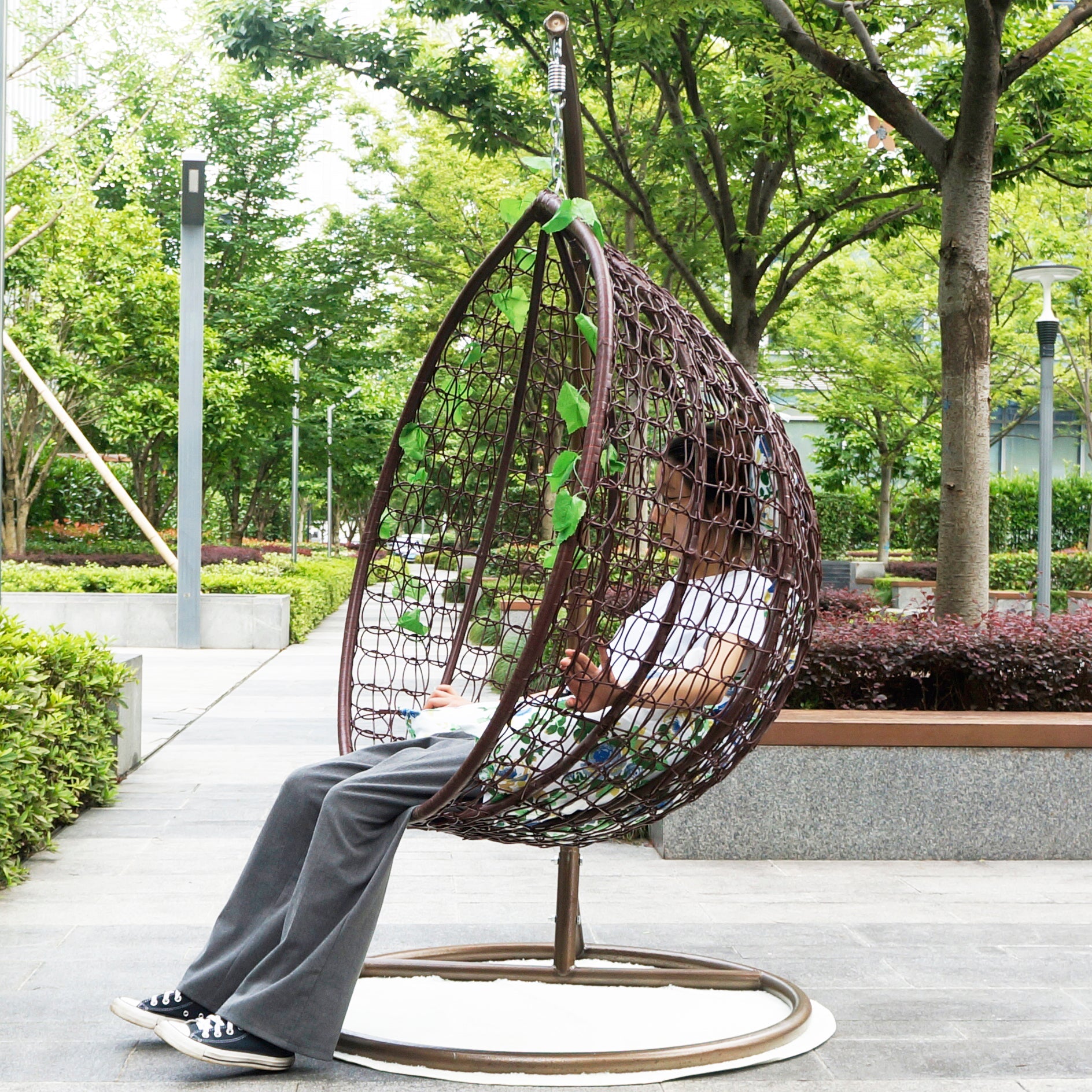 Indoor & Outdoor Rattan Hanging Egg Chair with Cushion and Sturdy Metal Stand – Modern Swing Chair for Patio, Garden, or Living Room
