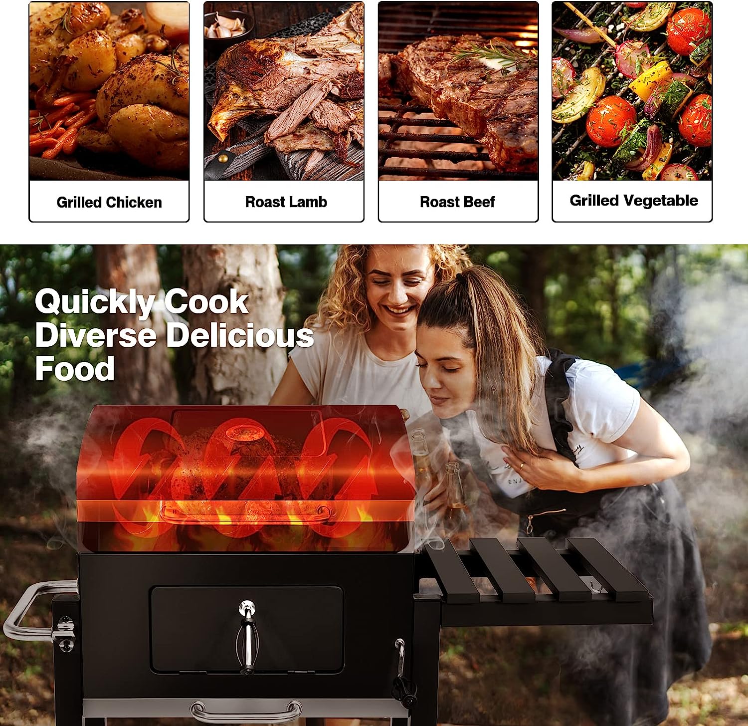 Garden Heavy Duty Offset Smoker Charcoal BBQ Grill with Chimney – Outdoor Trolley Design