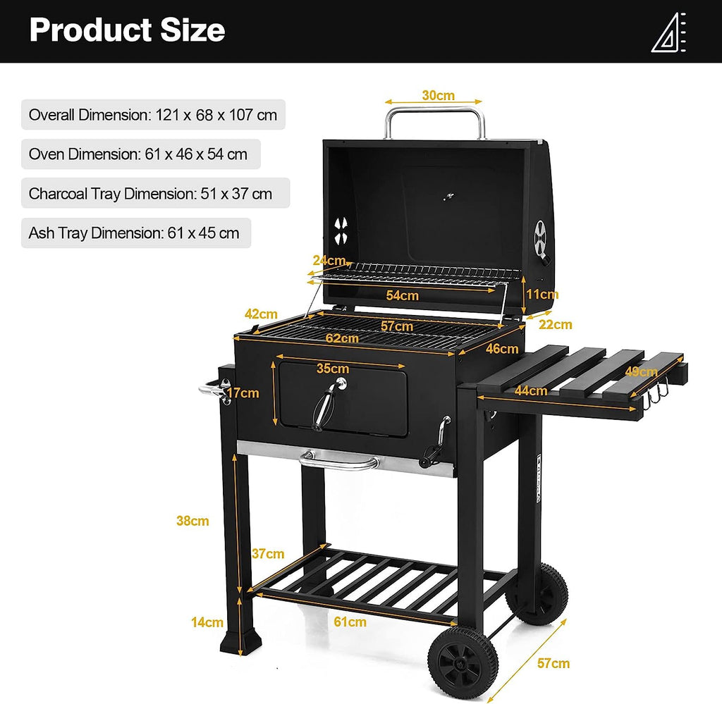 Garden Heavy Duty Offset Smoker Charcoal BBQ Grill with Chimney – Outdoor Trolley Design