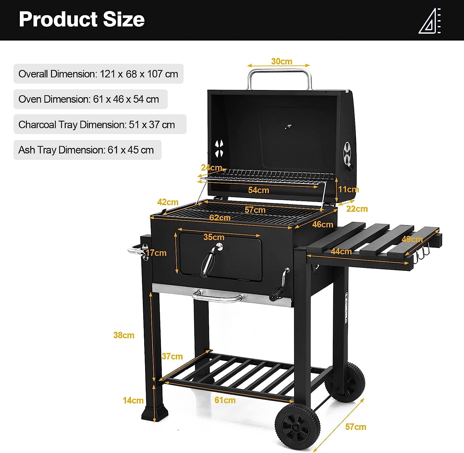 Garden Heavy Duty Offset Smoker Charcoal BBQ Grill with Chimney – Outdoor Trolley Design