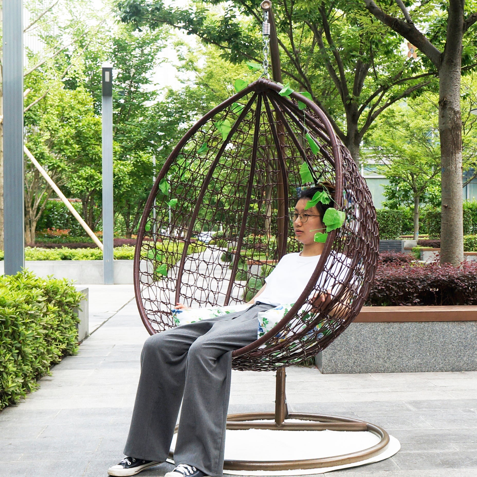 Indoor & Outdoor Rattan Hanging Egg Chair with Cushion and Sturdy Metal Stand – Modern Swing Chair for Patio, Garden, or Living Room